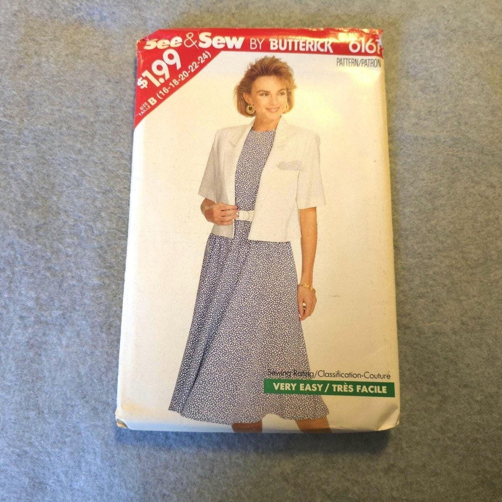 BUTTERICK See&Sew 6161 MISSES' SIZE 16-24 JACKET & DRESS SEWING PATTERN ©1988